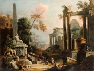 Landschaft mit klassischen Ruinen und Figuren, ca. 1725-30